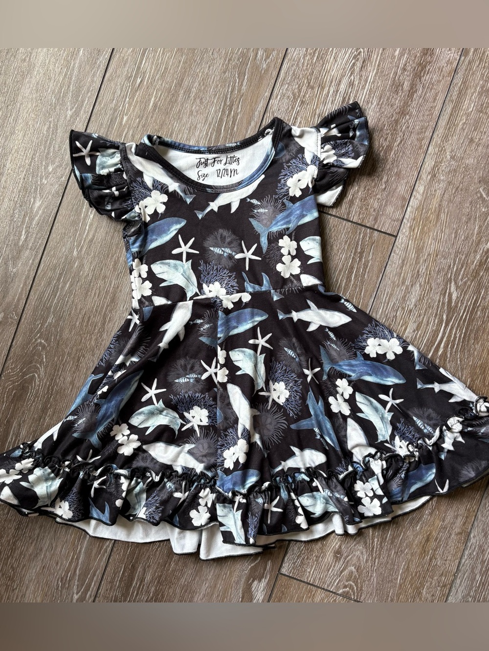 Black Floral & Shark Ruffle Dress